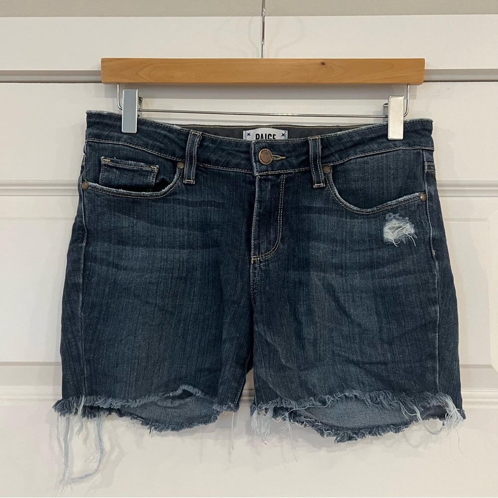 PAIGE Skyline Ankle Peg Cutoff Denim Shorts Size 28 Distressed Raw Hem